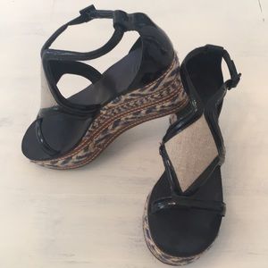 TORY BURCH Woven Patent Leather Wedge Sandals